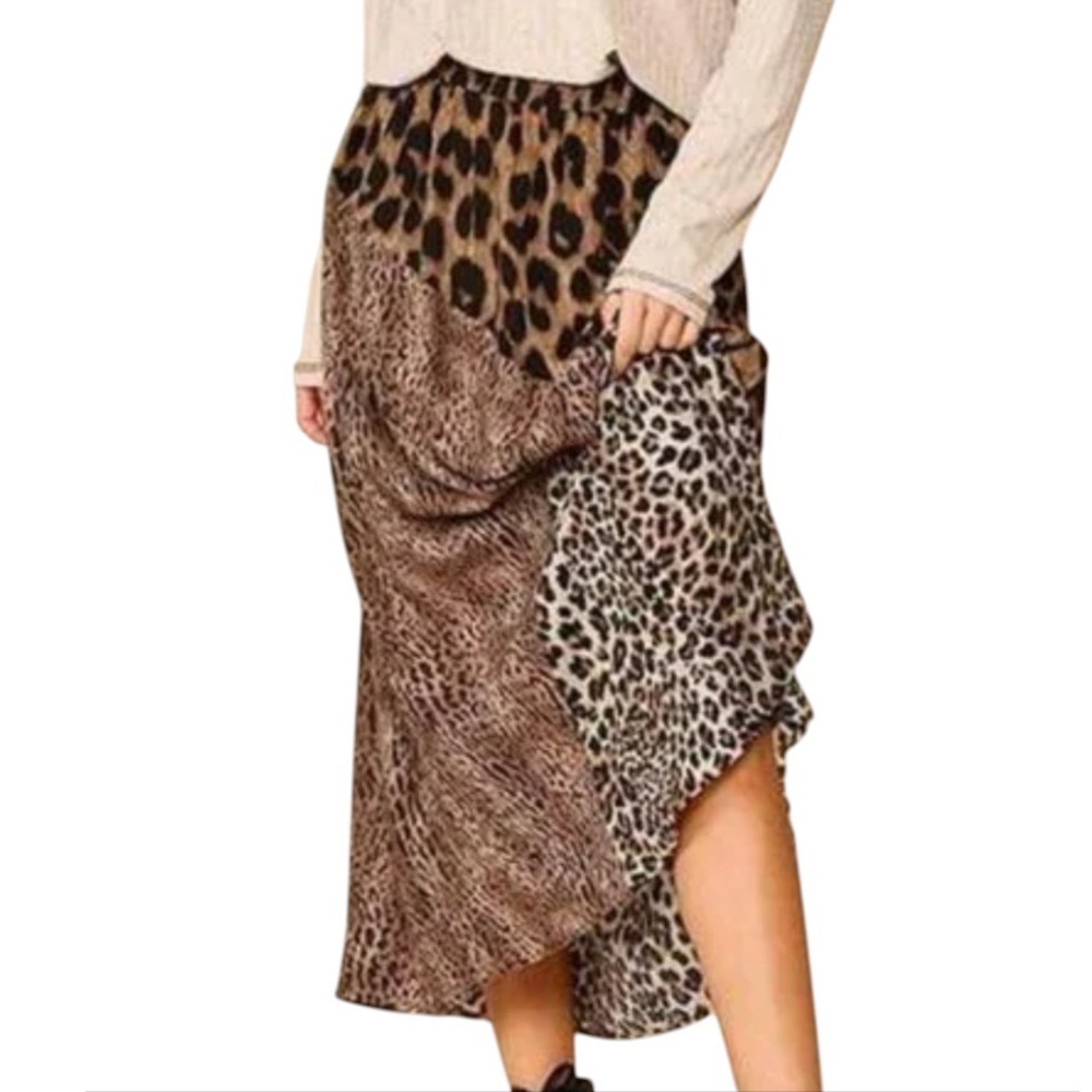 GIGIO UMGEE MIDI SKIRT Soft Flowy Pull-On LEOPARD PRINT PATCHWORK Brown/Black L